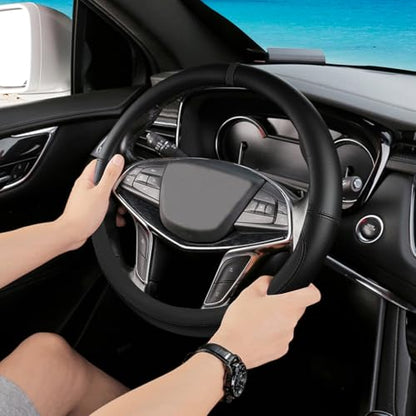 All Black Car Steering Wheel Cover, Nappa Leather, Bottom Color Blocking, Universal 14.5-15 Inch Leather Anti-Slip Breathable Auto Steering Wheel Covers for Men Women - color: All Black
