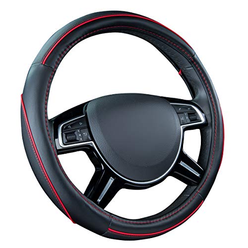 Car Pass Colour Piping Leather Steering Wheel Cover,Perfectly fit for 14.5-15 inches for Various Vehicles SUVs,Vans,Sedans,Cars (Black & Red) - color: Black and Red