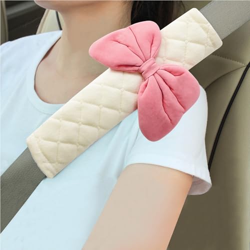 2-Pack Soft Seat Belt Covers Universal Car Shoulder Pad Cushions for Comfortable Driving & Bag Strap Protection Off-White Pink Large Bow - color: Pink Bow