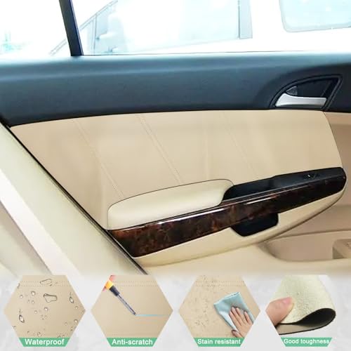 4PCS Door Panel Cover Compatible with Honda Accord 2003-2007 Front and Back Vinyl Leather Insert Cards Protector Trim Beige (Only Leather Part)