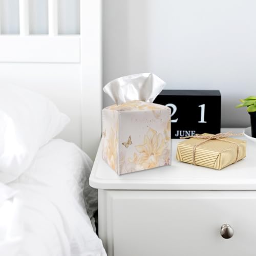 Tissue Box Cover Holder - Golden Flower and Butterfly PU Leather Tissue Box Cover with Bottom Belt, Square Facial Paper Organizer for Tabletop, Bathroom, Kitchen, Car & Office -042 - color: Golden Flower