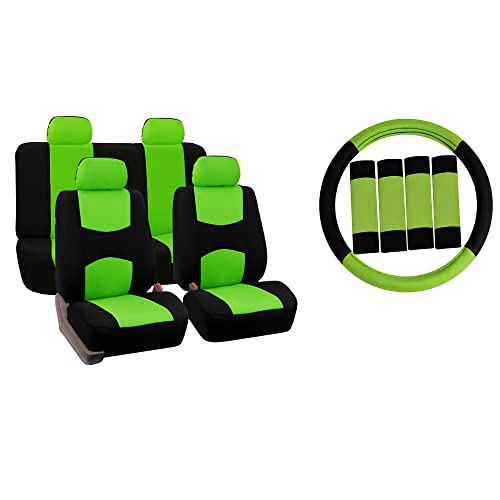 FH Group Car Seat Covers Flat Cloth Automotive Green Full Set, Rear Solid Bench Universal Fit Combo Steering Wheel Cover & Seat Belt Pads Car Seat Protector for Cars Trucks SUV Interior Accessories - color: Green / Black