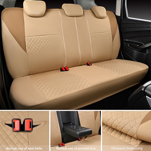 CAR PASS Ultrasonic Embossing Cloth Universal Seat Covers,Cute Breathable Car Seat Cover with 5mm Composite Sponge Inside,Airbag Compatible,2zipper Bench for Sedan,SUV,Truck(Beige,Full Set)