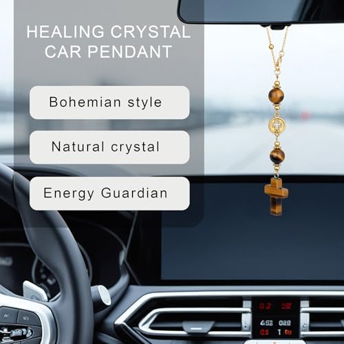Cross Crystal Hanging Car Charm,Cute Healing Stones Car Decor for Rear View Mirror Boho Handmade Sun Catcher Ornament Accessories Tiger Eye Crystal Protection for Women