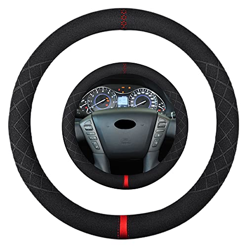 Suede Steering Wheel Cover,Compatible with Infiniti 2013 QX20 Leather Sport Non-Slip Wheel Cover Car Interior Accessories 15 inch for Man and Women - color: Fit Infiniti O Shape Suede Red Mark in Black, size: 15 inch