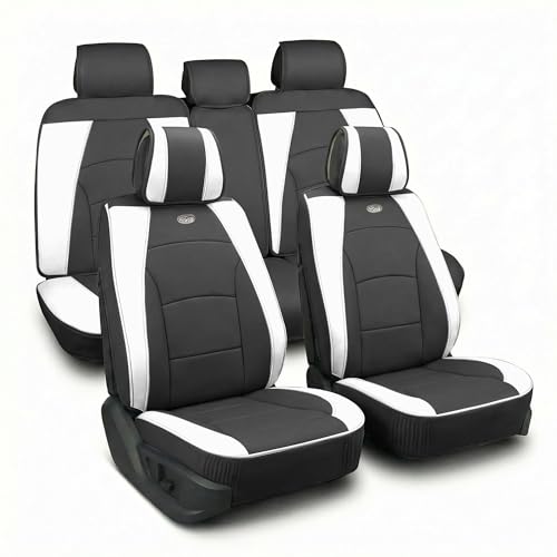 FH Group Ultra Comfort Highest Grade Faux Leather Full Set Cushion Pads Car Seat Covers for Front and Rear– Universal Fit for Cars Trucks & SUVs (White/Black) - color: White, style: Full Set