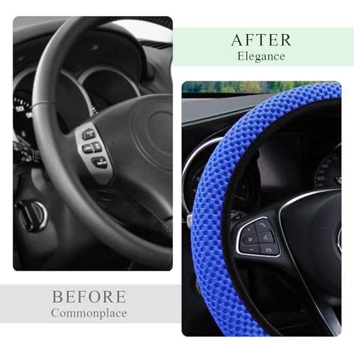 Yourkar Elastic Steering Wheel Cover, 15"×15" Comfy Breathable Stretch Steering Wheel Protector, Ice-Silk Cloth Polyester Steering Wheel Cover for Men Women, Car Accessories (Blue) - color: Blue