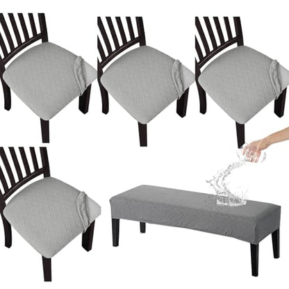 KRFOONN Waterproof Seat Covers for Dining Room Chairs Set of 4 with Dining Bench Cover Jacquard Washable Chair Covers Removable Kitchen Chair Cushion Slipcovers for Dining Room, Light Grey - color: Light Grey