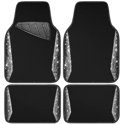 CAR PASS Bling Diamond Car Floor Mat Shining Rhinestones Carpet, Sparkly Glitter Crystal Anti-Slip PVC Heel Pad Automotive Universal Fit for SUV Sedan Car Van, 4pcs for Girl Cute Women, Black Silver - color: Silver Diamond