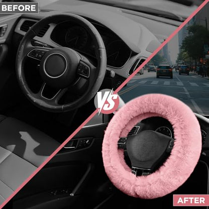 Road Comforts Steering Wheel Cover, Fluffy Car Wheel Covers for Women/Girls/Ladies，Soft Wool Fur Steering Wheel Protector, Universal 14 1/2 inches to 15 inches - Pink - color: Pink