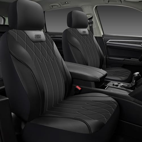 Skechers Seat Covers Memory Foam-Piping Leather Car Seat Covers, Ultimate Comfort & Support Front Seat Covers Airbag Compatible, Automotive Universal Fit Most for SUVs, Vans, Sedans, Cars,Trucks,Black - color: Black