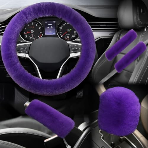 5PCS Fluffy Car Steering Wheel Cover Set, Includes Faux Fur Gear Shift Cover & Handbrake Cover & Steering Wheel Protector & 2 Seat Belt Shoulder Pads, Winter Fuzzy Warm Car Accessories (Violet) - color: Violet