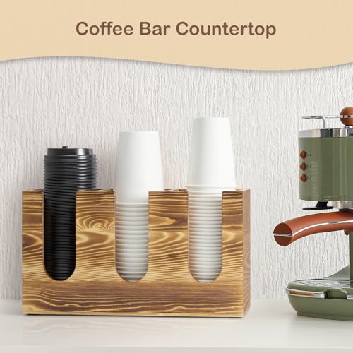 Wooden Coffee Cup and Lid Organizer for Countertop, 3 Compartments Cup Holder Dispenser, Fits 16–24 oz Disposable Cups, Coffee Bar Cup Organizer, Breakroom Kitchen Counter Cup Holder