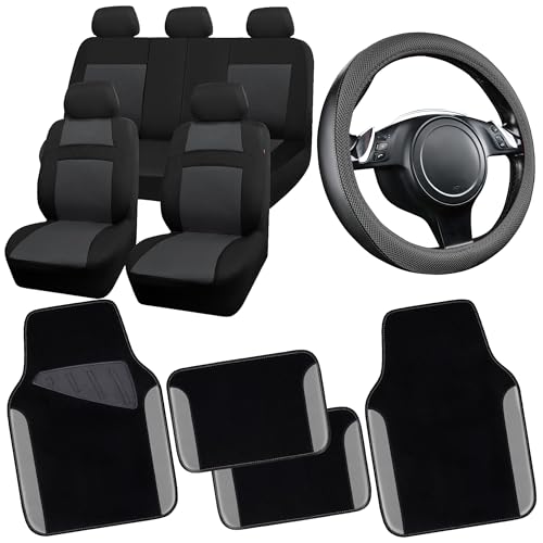 CAR PASS 3D Air Mesh Car Seat Covers Full Sets w/5mm Sponge, 4Pcs Waterproof Car Floor Mats, Steering Wheel Cover Universal Fit for SUV Sedan Truck, Airbag Compatible Automotive Interior(Black Gray) - color: Gray Combo