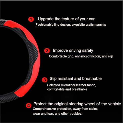Ultra Fine Carbon Fiber Leather Steering Wheel Cover, Anti Slip and Sun Protective Protect The Steering Wheel, Easy to Install,Universal of 14.5"-15" (Red) - color: Red