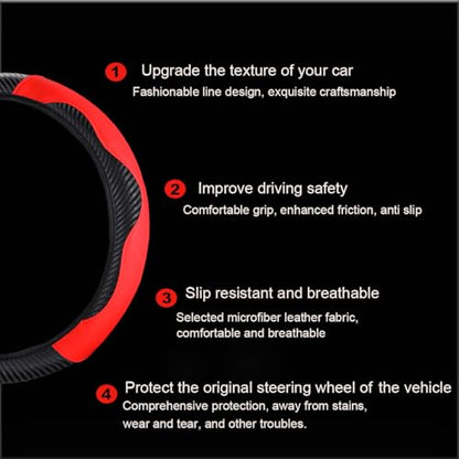 Ultra Fine Carbon Fiber Leather Steering Wheel Cover, Anti Slip and Sun Protective Protect The Steering Wheel, Easy to Install,Universal of 14.5"-15" (Red) - color: Red