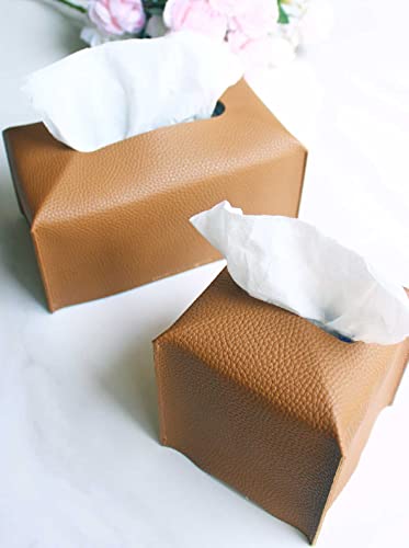 Tissue Box Holder Tissue Cover – Square Faux Leather Tissue Box Cover with Bottom Belt [JESMINI, Camel Brown] Tissues Cube Box Cover for Bathroom/Night Stands/Office - color: Camel Brown
