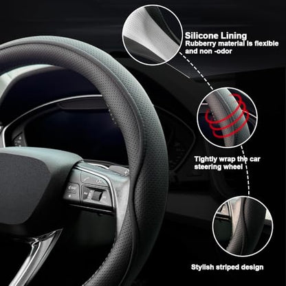 HAOTULE Leather Steering Wheel Cover， with Anti-Slip Stripe Design - Enhanced Grip, Fashion Style, Safe, Non-Slip, Breathable. Upgrade car Interior，Black - color: Black