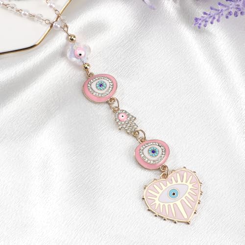 Pink Evil Eye Car Charm - Heart Evileye Rear View Mirror Hanging Ornament for Women, Suncatcher Car Accessory, Aesthetic Beaded Lanyards for Cars Window Balcony Decor - style: Pink Evil Eye