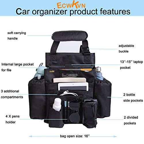 Car Front & Back Seat Organizer with Dedicated Tablet/Laptop Compartment, Passenger Seat File Storage with Cup Holder, Adjustable Backrest, and Padded Shoulder Strap
