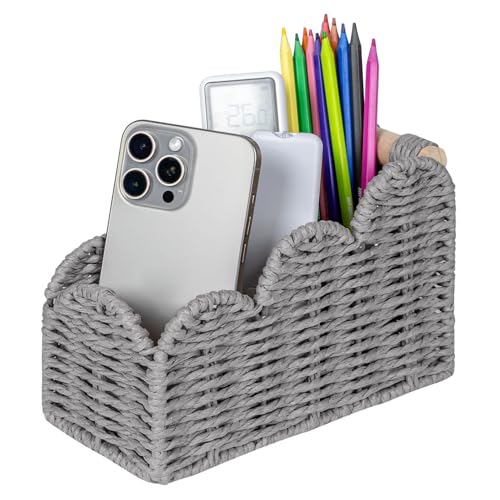 CubesLand Bedside Table Desk Organizer Caddy, Remote Pen&Pencil Holder Cup, Makeup Brush Holder w/Scalloped Perfect for Home, Office Desk, Living Room Table Decor, 3 Slots Grey - color: Grey