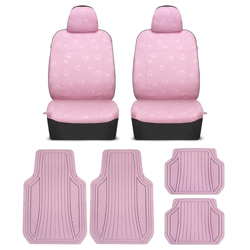 Carbella Hello Kitty Faux Leather Car Seat Covers & Rubber Floor Mats - Pink Front Seat Covers with 4pc Heavy Duty Non-Slip Car Mats for Cars Trucks SUVs, Cute Hello Kitty Car Accessories for Women - color: Covers & Rubber Mats-Pink-Pink, style: Hello Kit
