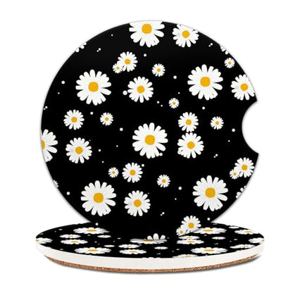 2 Pack Universal Ceramic Car Coasters，Ceramic Stone with A Finger Notch for Easy Removal of Car Cup Holder Coaster(Daisy Black) - color: Daisy Black