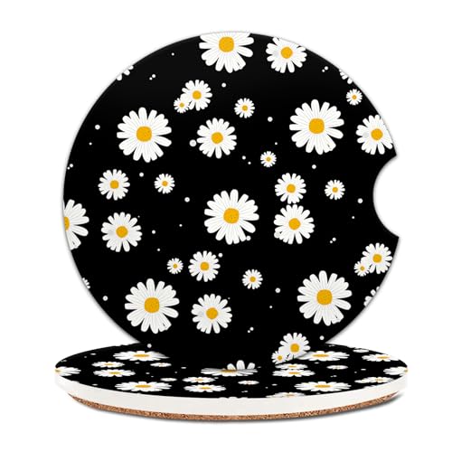 2 Pack Universal Ceramic Car Coasters，Ceramic Stone with A Finger Notch for Easy Removal of Car Cup Holder Coaster(Daisy Black) - color: Daisy Black