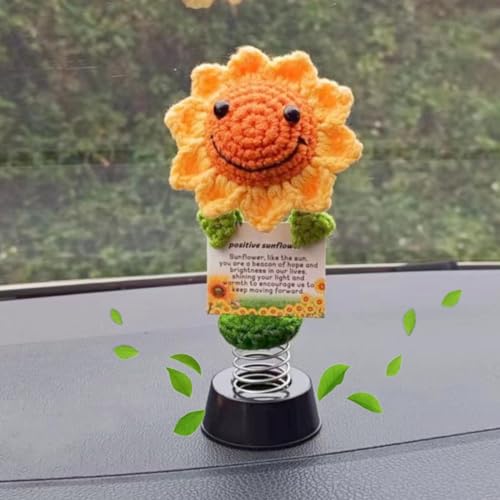 Levvohd Emotional Support Handmade Sunflowers for Women, Hippie Bobbleheads for Car Dashboard Crochet Positive Sunflowers Car Accessories Decor Ideas for Her - color: Orange Yellow 1
