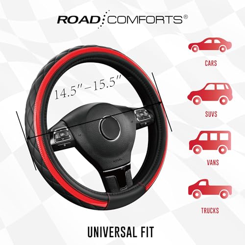 Road Comforts Leather Steering Wheel Cover – Black & Red Universal Fit 14.5-15 Inch, Microfiber Leather, Anti-Slip & Breathable Design for Men and Women - color: Red