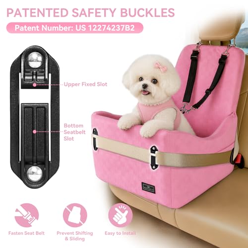 PETSFIT Dog Car Seat for Small/Medium Dogs Up to 35 lbs – Patented Safety System, 5" Memory Foam Pet Booster Car Seat, Fully Detachable and Washable Dog Carseat with 2 Storage Pockets (Pink) - color: Pink