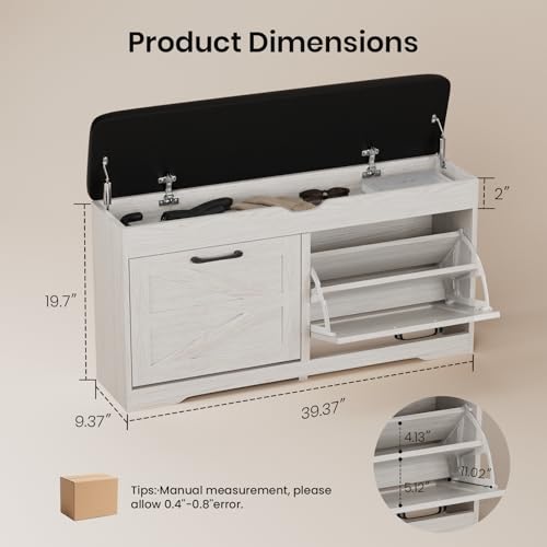 39" Shoe Storage Bench with Padded Seat Cushion & Lift Top Storage Box & 2 Flip Drawers, Small Entryway Shoe Rack Bench with 2 Doors and Adjustable Shelf, Shoes Cabinet for Hallway, Living Room, White