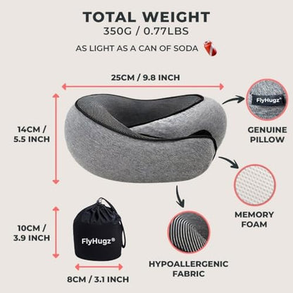 FlyHugz® Neck Travel Pillow Memory Foam Neck Pillow for Comfort on Airplane Compact and Ergonomic Design for Travel, Car Rides, and Home Use Ideal for Adults and Kids.