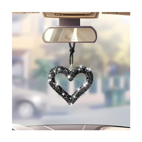 Bling Heart Car Hanging Accessories, Crystal Rhinestone Vehicle Rear View Mirror Charm Pendant Ornaments, Cute Diamond Auto Interior Hanger Decoration for Women Girls（Black） - color: Black