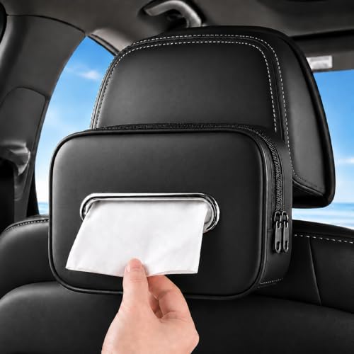 Leather Car Tissue Holder, Extra Large Tissue Holder for Car, Fits 120–230 Count Rectangular Tissue Boxes, Wider Opening for Easy Access, Dual Zipper for Headrest,Console,Seat Back (Black)