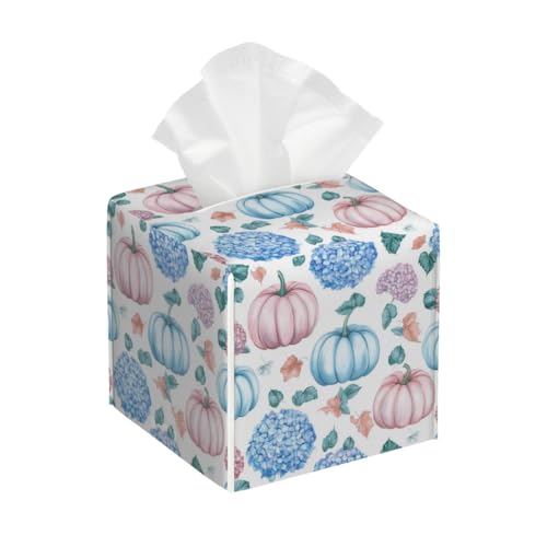 Thanksgiving Tissue Box Cover PU Leather Square Tissues Holder Fall Pumpkin Blue Pink Hydrangea Floral Decorative Facial Paper Organizer Dispenser for Bedroom Bathroom Vanity,Home Office Car - color: Blue Pink White
