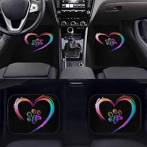 Colorful Heart Paw Car Floor Mats All Weather Suitable for Cars SUVs Trucks, Waterproof Front & Rear Floor Protector, Easy Install, 4 Pieces - color: Colorful Heart Paw