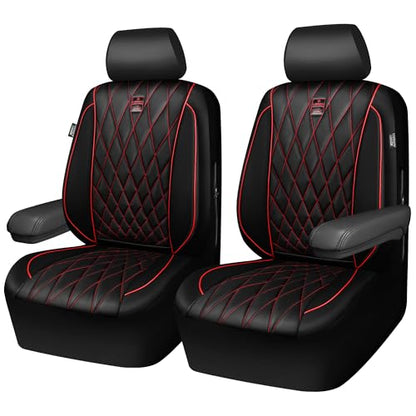 CAR PASS Piping Luxury PU Leather Two Front Car Seat Covers, Waterproof Anti Slip Seat Covers Compatible with Front Seat Armrests,Universal Fit for Suvs,Vans,Trucks,Airbag Compatible(Black and Red) - color: Black and Red, size: Two Front