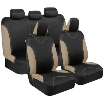 BDK UltraSleek Beige Seat Covers for Cars Full Set, Two-Tone Front Seat Covers with Matching Back Seat Cover, Stylish Car Seat Protectors with Split Bench Design, - color: Beige