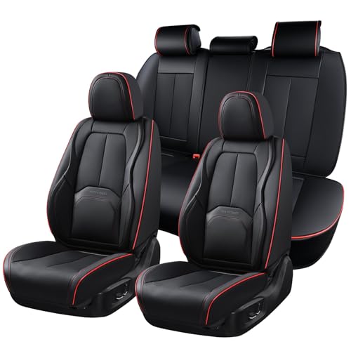 Coverado Car Seat Covers Full Set, Premium Nappa Leather Seat Covers for Car, Waterproof Car Seat Protector with Lumbar Support, Car Seat Cover Universal Fit for Most Cars SUV Truck(Black&Red) - color: A-Black&Red Line, size: Fullset