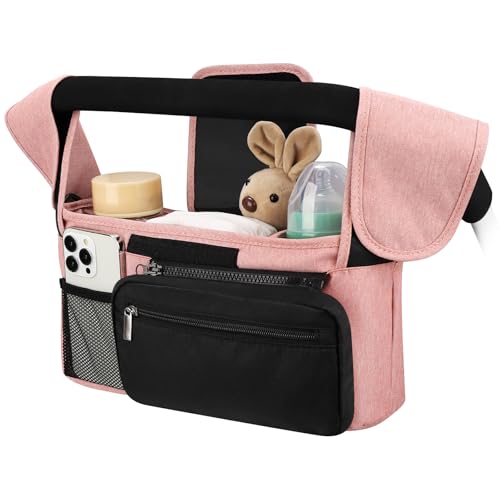 Accmor Universal Stroller Organizer with Insulated Cup Holder Detachable Phone Bag and Shoulder Strap,Stroller Bag Caddy Organizer Fits for Uppababy, Baby Jogger, Britax Strollers - color: Pink + Black Pocket
