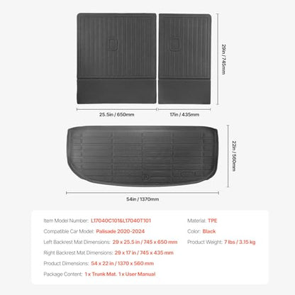 VEVOR Cargo Mats Compatible with Hyundai Palisade 2020-2024, Custom Fit TPE Cargo Liner Set for SUVs, Trunk and Rear Back Seat Protector Replacement, Black, Trunk Mat and Backrest Mats - style: Hyundai Palisade 2020-2024