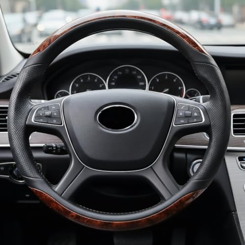 Wood Grain Steering Wheel Cover, Universal 14.5-15 inch Microfiber Leather Anti Slip Car Interior Accessories for Women Men, Black - color: Black