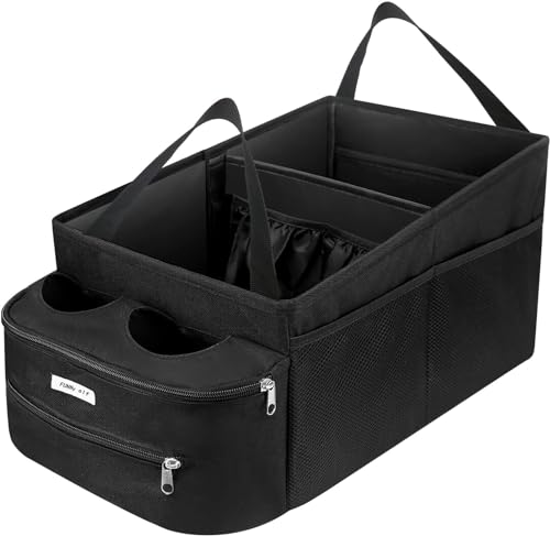 FUNNy elf Passenger Seat Organizer, Collapsible Car Storage with Partitions & 4 Cup Holders for Front or Back Seat - color: Black