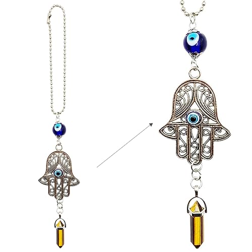 LUCKBOOSTIUM Hamsa Hand Amulet - Evil Eye Car Hanging Charm, Rearview Mirror Ornament, Goldstone Car Accessory, Protective Symbol for Luck & Positivity (2"x11") - color: Goldstone