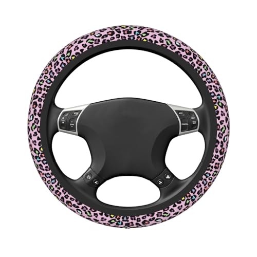 Pink Leopard Print Neoprene Steering Wheel Cover for Men Women Anti-Slip Elastic Steering Wheel Protective Cover 15in Universal Car Accessories Fit Cars, SUVs, Auto - color: Pink Leopard Print