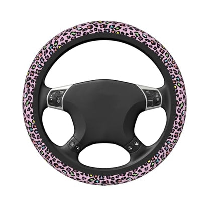 Pink Leopard Print Neoprene Steering Wheel Cover for Men Women Anti-Slip Elastic Steering Wheel Protective Cover 15in Universal Car Accessories Fit Cars, SUVs, Auto - color: Pink Leopard Print