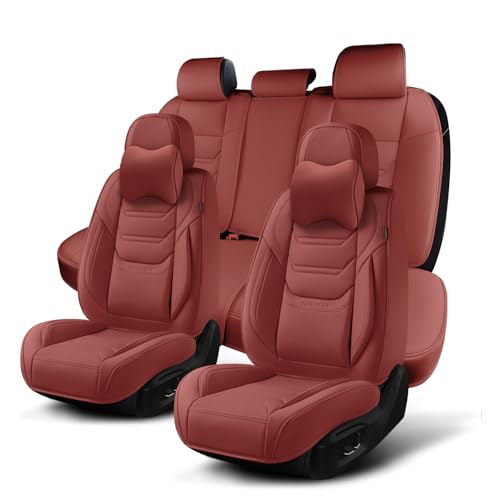 TIEHESYT Wine Red Car Seat Covers Full Set, Breathable Leather Automotive Front and Rear Seat Covers & Headrest for Comfortable Driving, Universal Auto Interior Fit for Most Kinds of Vehicles, Cars - color: Martha Red, size: Front Pair and Rear