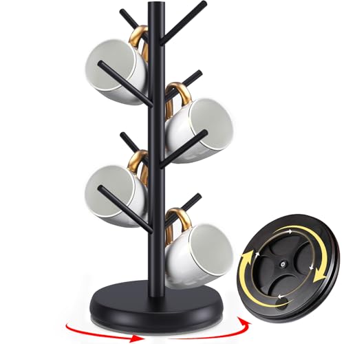 Bamboo Mug Holder Tree - Upgraded 360° Rotating 8 Hooks Coffee Cup Rack, Sturdy No-Tool Assembly Counter Organizer for Mugs, Jewelry & Accessories, Eco-Friendly Wood Stand(Black) - color: Black