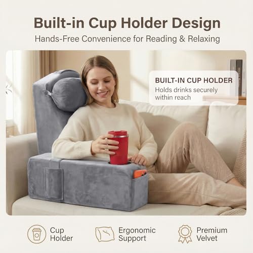 19 INCH Reading Pillow for Adults, Back Pillow for Bed Sitting Up, Backrest Pillow for Sitting in Bed, Detachable Arms with Built-in Cup & Phone Caddy (Gray, 19 INCH)